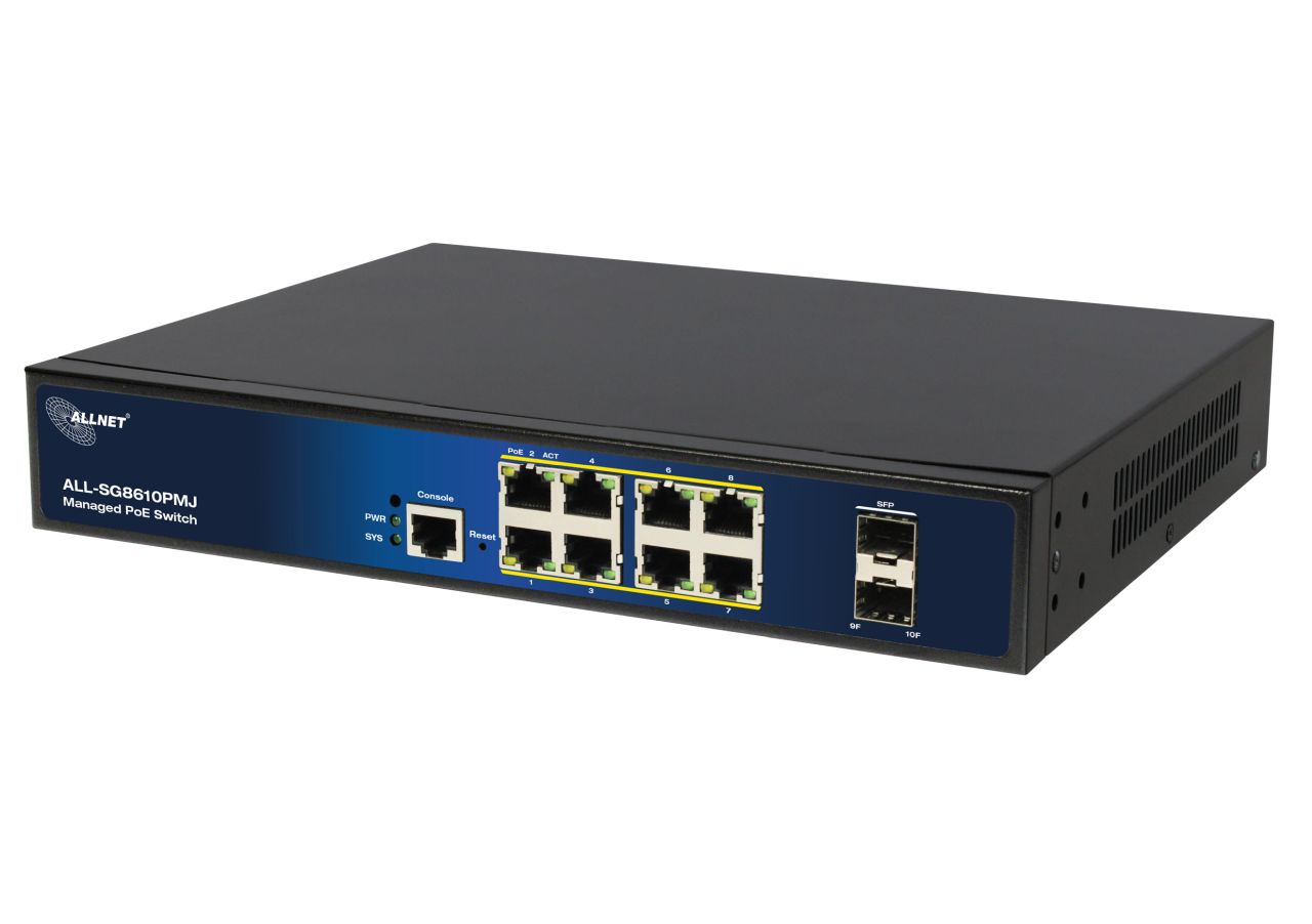 ALLNET Switch full managed Layer2+ 10 Port • 8x GbE • PoE Budget 130W • 8x PoE at • 2x SFP • 19\" • Fanless • JSON API • ALL-SG8610PMJ