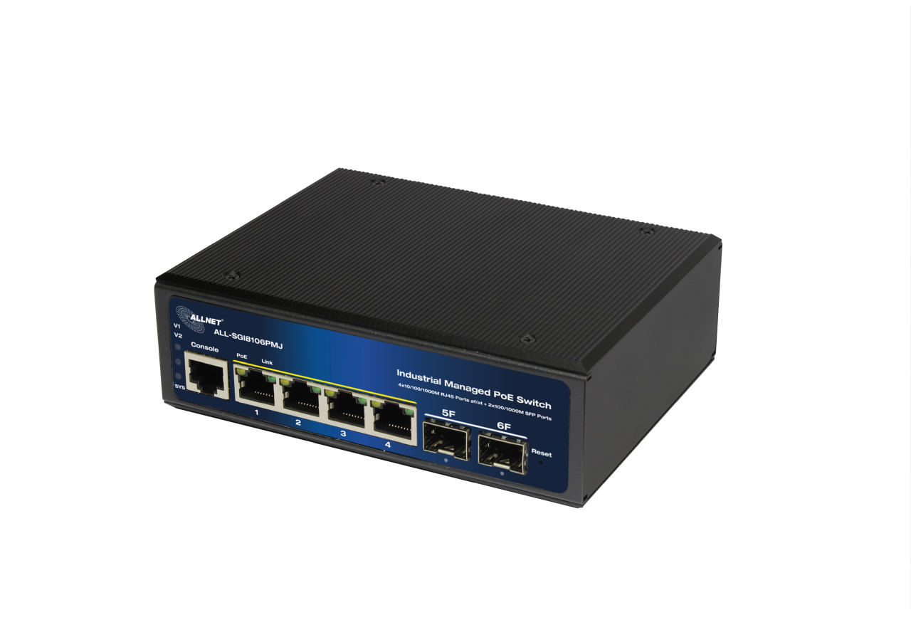 ALLNET Switch industrial full managed Layer2+  6 Port GbE • PoE Budget 120W • 4x PoE at • 2x SFP • Fanless • DIN • JSON • ALL-SGI8106PMJ