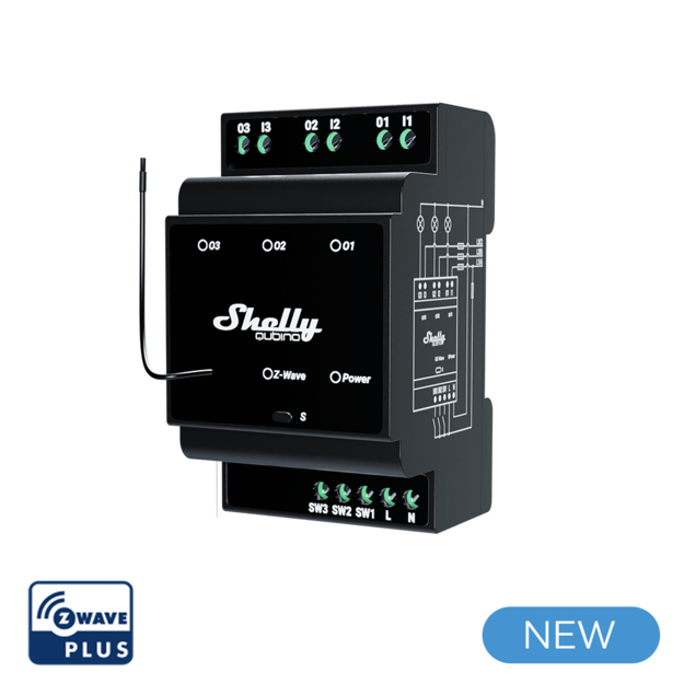 Shelly · DIN rail · \"Wave Pro 3\" · Relais · max. 48 A · 3 Phasen · 3x 16A · Z-Wave