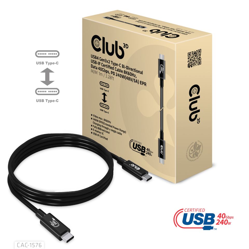 Kabel USB 4.0 C (St) => C (St)  1,0m *Club 3D* 240W 8K60Hz