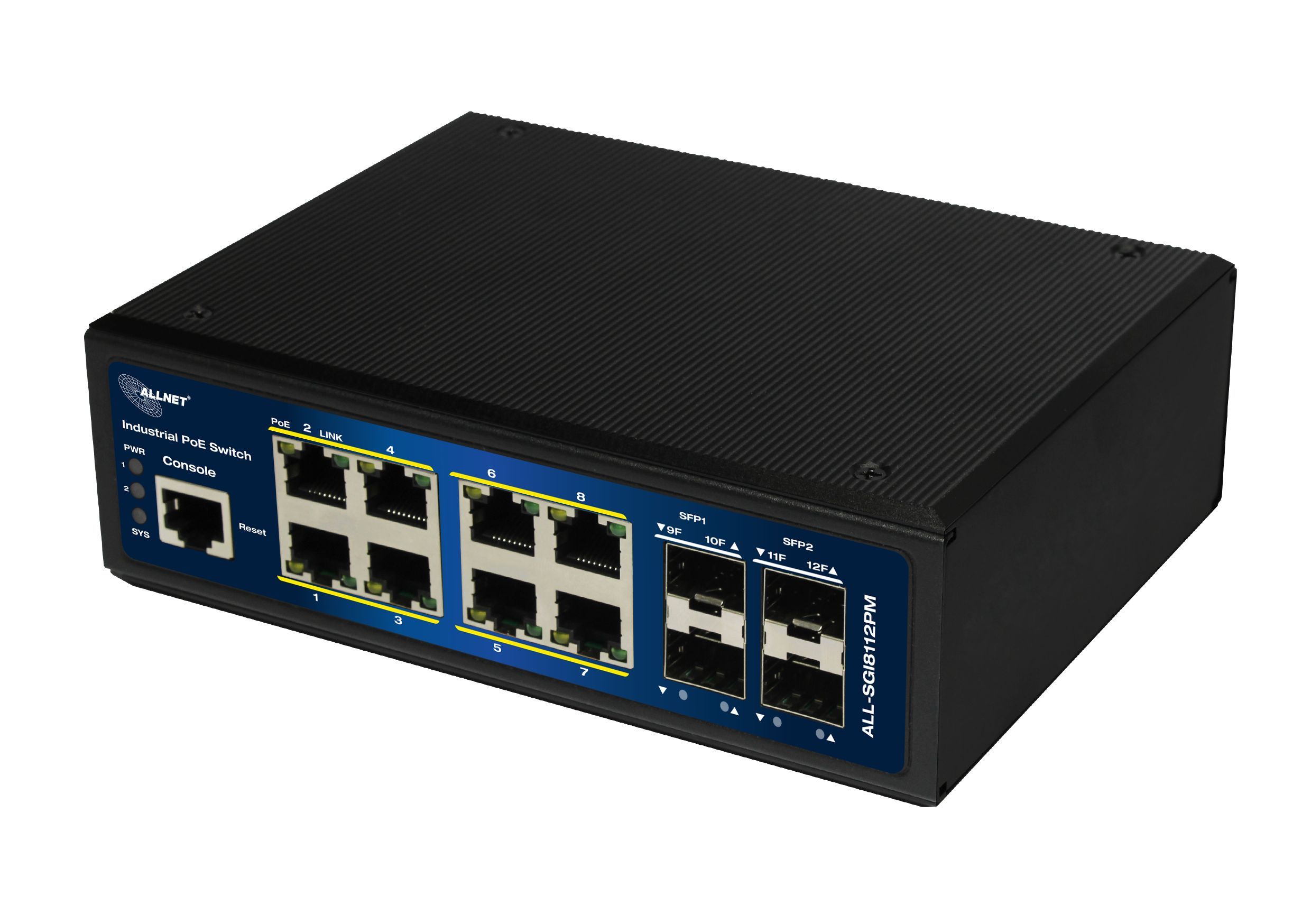 ALLNET Switch industriel entièrement géré Layer2 Layer2+ 12 Port GbE • PoE Budget 240W • 8x PoE at • 4x SFP • Sans ventilateur • DIN • JSON API • ALL-SGI8112PMJ