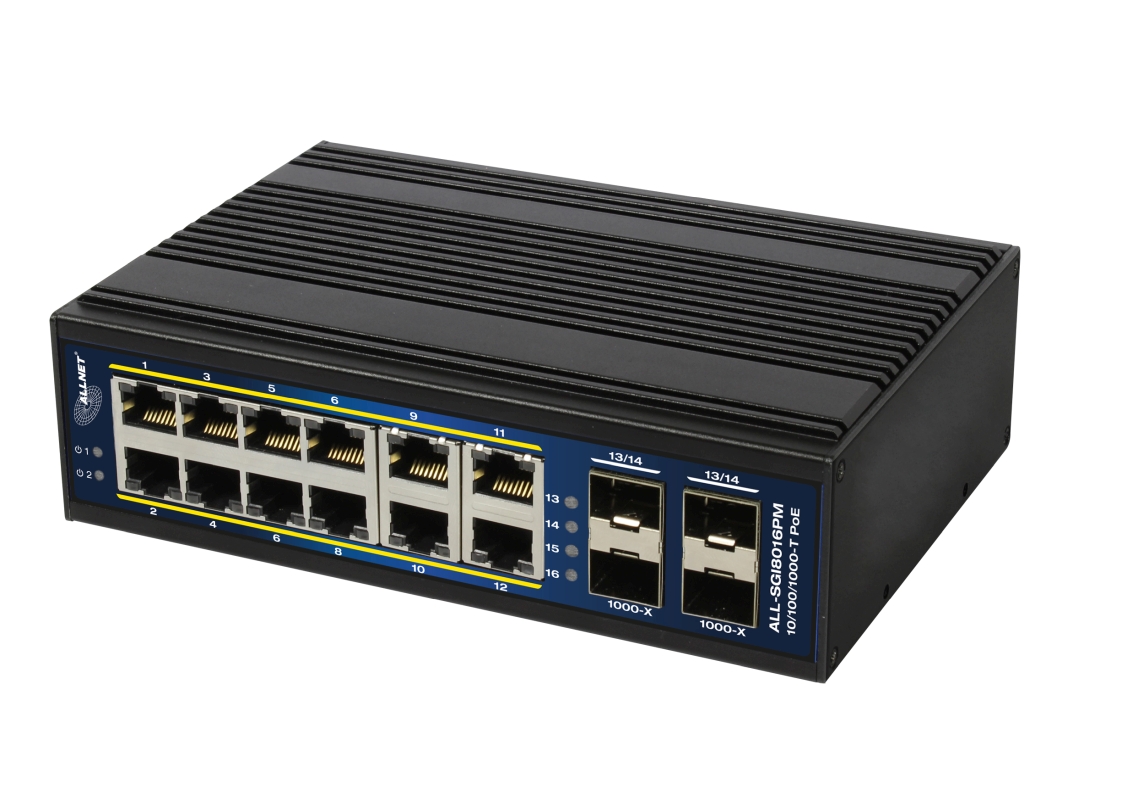 ALLNET Switch industrial smart managed Layer2+ 16 Port GbE • PoE Budget 360W • 12x PoE+ • 4x SFP • Fanless • DIN • ALL-SGI8016PM