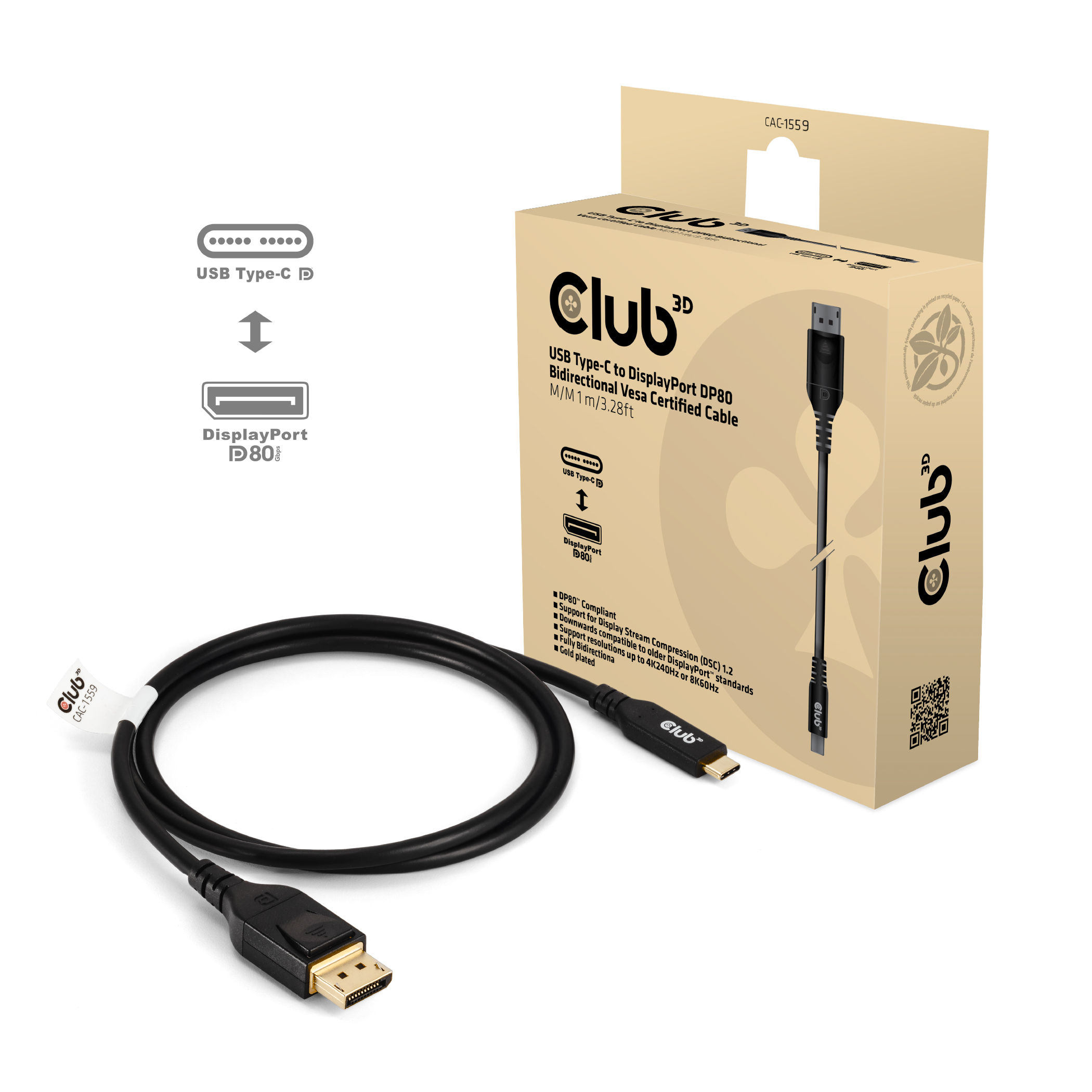 Kabel USB, C(St) => DisplayPort 2.1 (St),  1.0m *Club 3D*