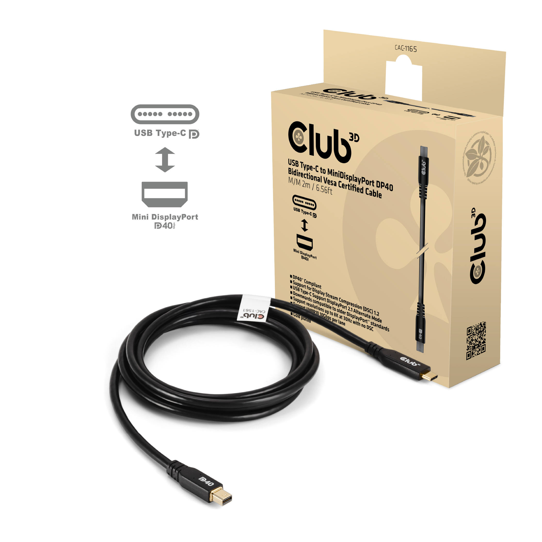 Kabel USB, C(St) => DisplayPort Mini 2.1 (St),  2.0m *Club 3D*