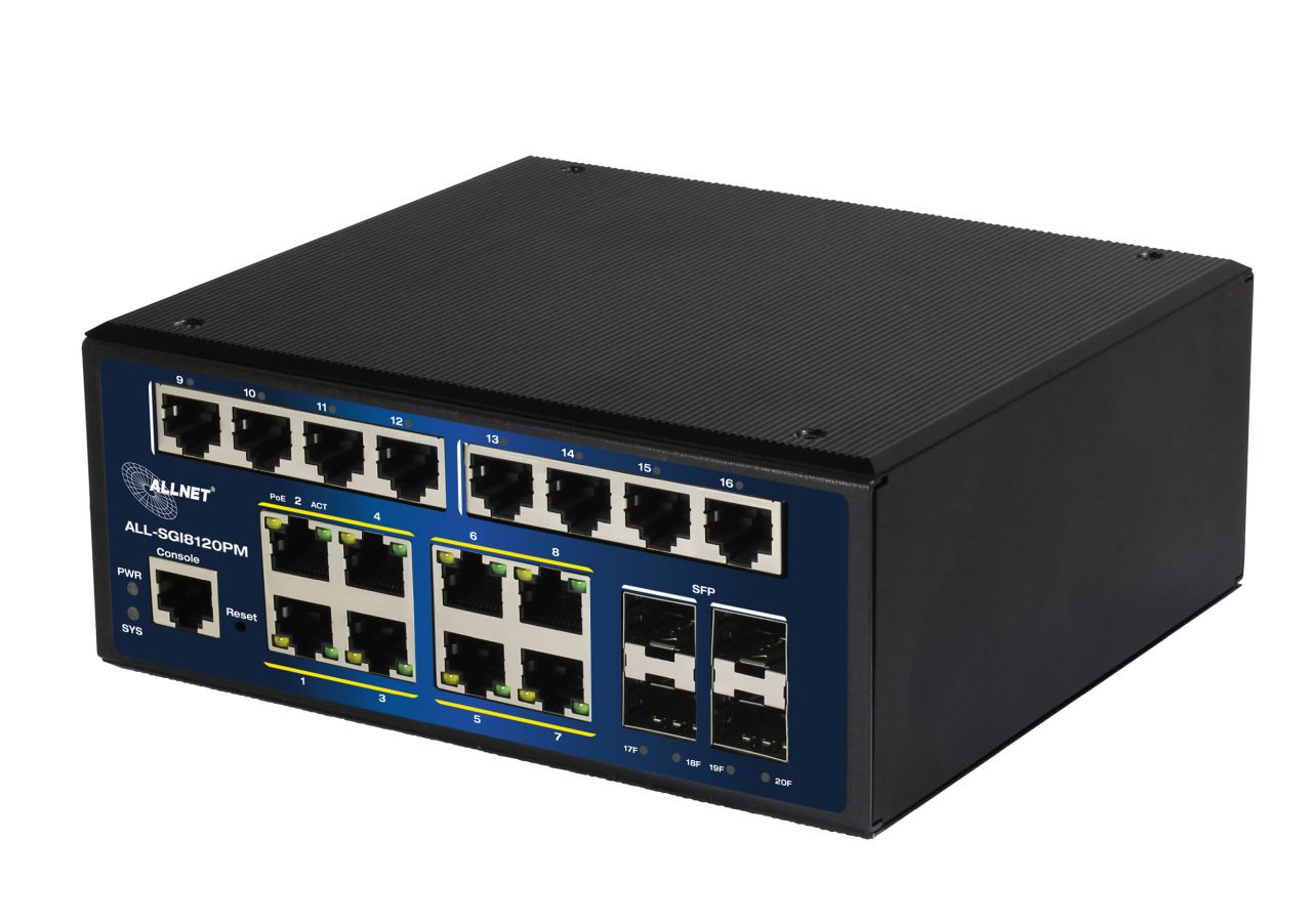 ALLNET Switch industrial full managed Layer2+ 20 Port GbE • PoE Budget 240W • 8x PoE at • 8x GbE • 4x SFP • DIN • Fanless • ALL-SGI8120PM