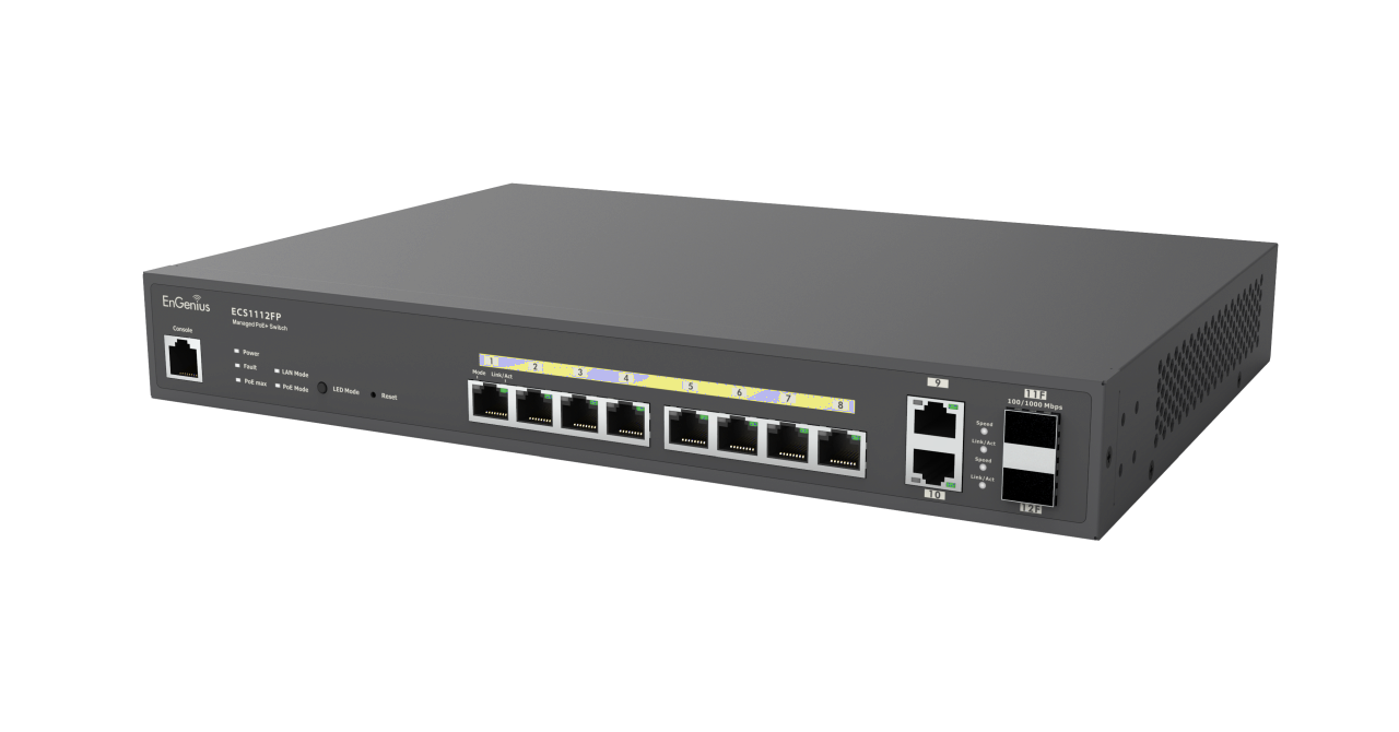 EnGenius Switch full managed Layer2+ 12 Port • 8x 1 GbE • PoE Budget 130W • 8x PoE at • 2x GbE, 2x SFP • 13\" • ECS1112FP • EnGenius Cloud