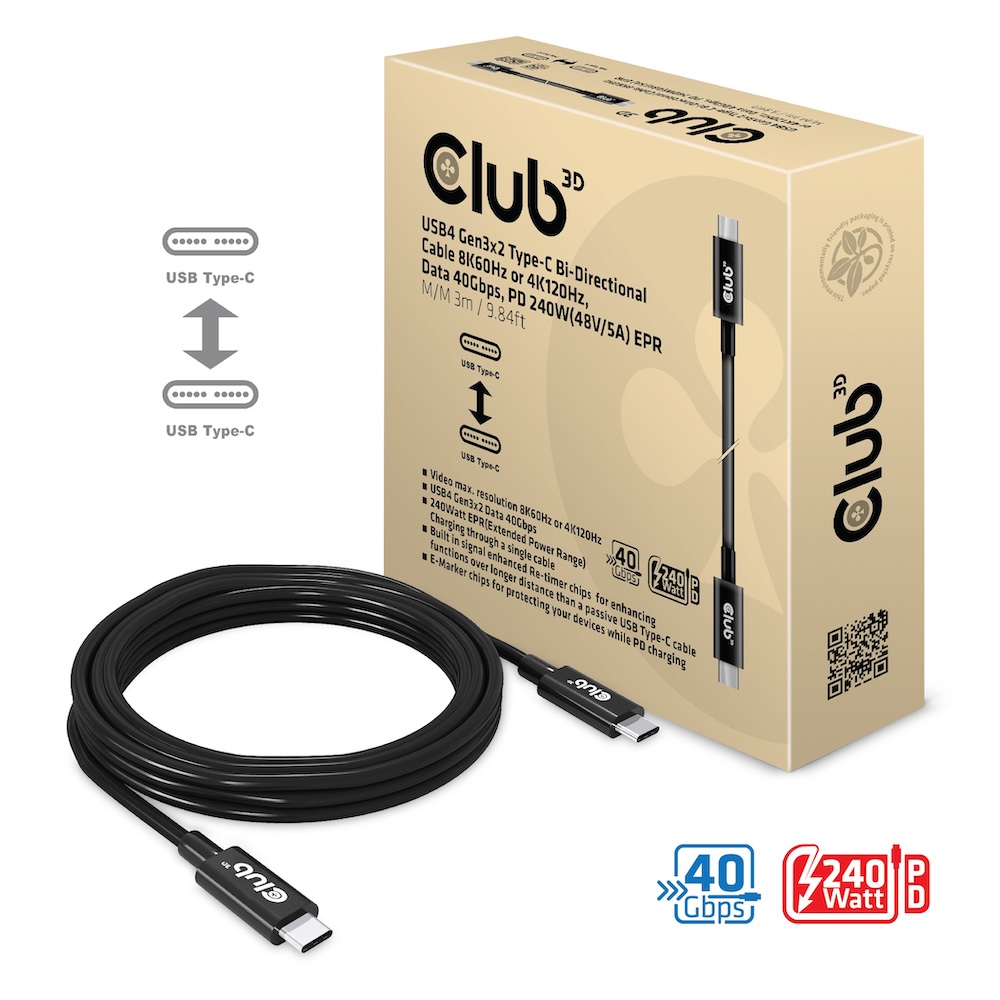 Kabel USB 4.0 C (St) => C (St)  3,0m *Club 3D* bidirektional 8K60Hz oder 4K120Hz, 40Gvps Daten, 240W Power