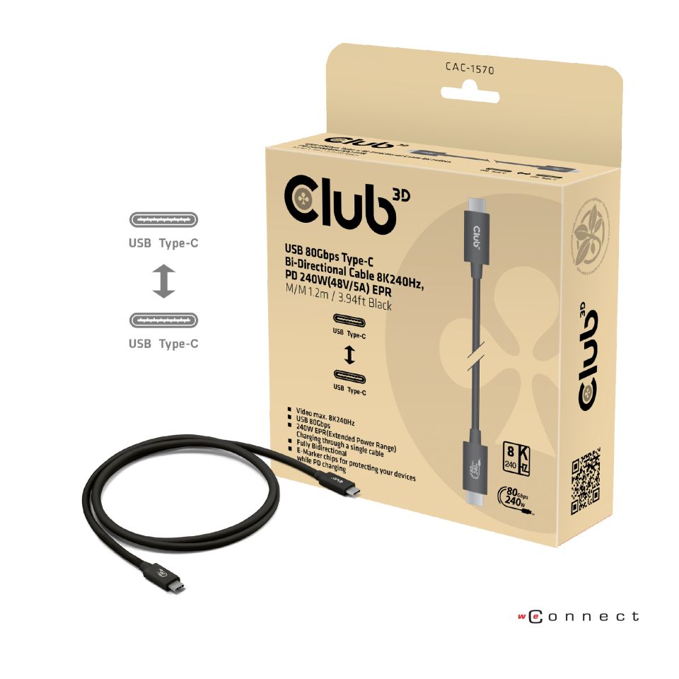 Kabel USB 3.2 C (St) => C (St)  1,2m *Club 3D* 80Gbps 240W 8K240Hz