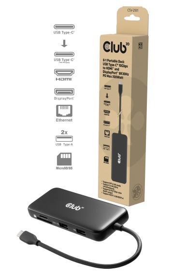 Club 3D Dockingstation - 8 in 1 Hub USB C® auf HDMI™ 2.0 + DisplayPort™ 1.4 8K30Hz PD 100W*schwarz*