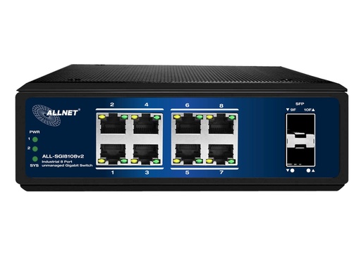 [ALL-SGI8108v2] ALLNET Switch industrial unmanaged Layer2 10 Port GbE • 8x GbE • 2x SFP • Fanless • DIN • IP40 • ALL-SGI8108v2